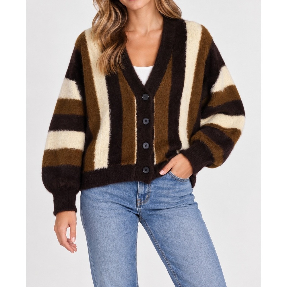 Industry Womens Brown Cream Striped Eyelash Knit Fuzzy V-Neck Cardigan Sweater M